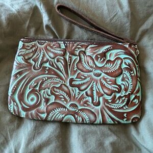 Patricia Nash Turquoise and Brown Tooled Floral Wristlet